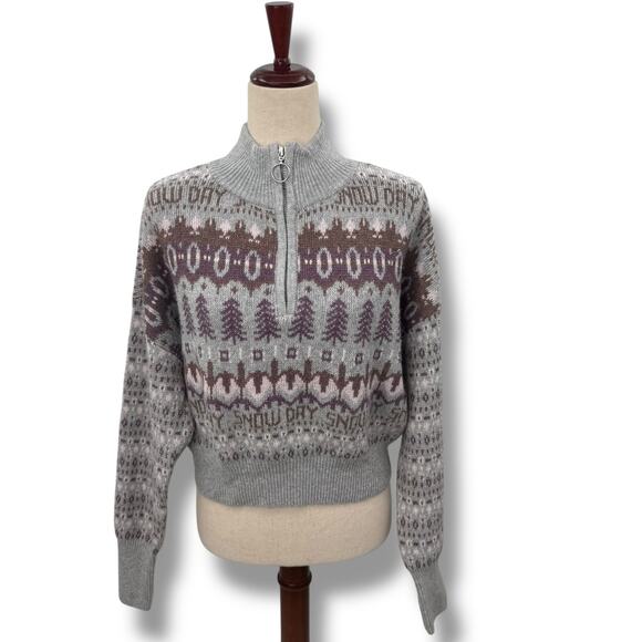 NEW Sugar Moon Quarter Zip Sweater gray Purple Winter Print Size Large Knit - Picture 2 of 11